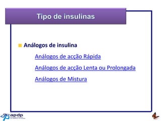 Análogos de insulina
Análogos de acção Rápida

Ajudar alguém é bom
Mas ensiná-lo
A ajudar-se a si próprio
É melhor

George Orwell
Análogos de acção Lenta ou Prolongada

Análogos de Mistura

 