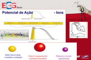 Potencial de Ação

Sódio inicia a desp.
e mantém a condução

Cálcio é responsável p/
contração miocárdica

- Ions

Potássio é o ion da
repolarização

 