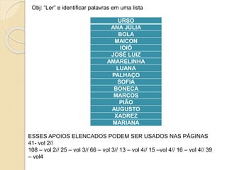 URSO
ANA JÚLIA
BOLA
MAICON
IOIÔ
JOSÉ LUIZ
AMARELINHA
LUANA
PALHAÇO
SOFIA
BONECA
MARCOS
PIÃO
AUGUSTO
XADREZ
MARIANA
ESSES APOIOS ELENCADOS PODEM SER USADOS NAS PÁGINAS
41- vol 2//
108 – vol 2// 25 – vol 3// 66 – vol 3// 13 – vol 4// 15 –vol 4// 16 – vol 4// 39
– vol4
Obj: “Ler” e identificar palavras em uma lista
 