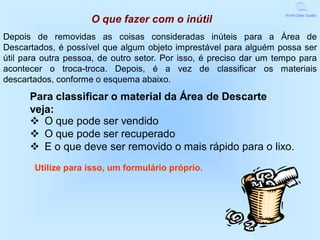 World Class Quality
                     O que fazer com o inútil
Depois de removidas as coisas consideradas inúteis para a Área de
Descartados, é possível que algum objeto imprestável para alguém possa ser
útil para outra pessoa, de outro setor. Por isso, é preciso dar um tempo para
acontecer o troca-troca. Depois, é a vez de classificar os materiais
descartados, conforme o esquema abaixo.

      Para classificar o material da Área de Descarte
      veja:
      v O que pode ser vendido
      v O que pode ser recuperado
      v E o que deve ser removido o mais rápido para o lixo.
       Utilize para isso, um formulário próprio.
 