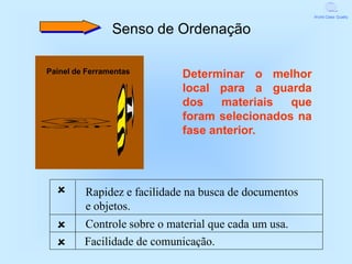 World Class Quality


                Senso de Ordenação

Painel de Ferramentas        Determinar o melhor
                             local para a guarda
                             dos    materiais  que
                             foram selecionados na
                             fase anterior.




        Rapidez e facilidade na busca de documentos
         e objetos.
        Controle sobre o material que cada um usa.
        Facilidade de comunicação.
 