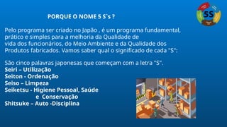 PORQUE O NOME 5 S`s ?
Pelo programa ser criado no Japão , é um programa fundamental,
prático e simples para a melhoria da Qualidade de
vida dos funcionários, do Meio Ambiente e da Qualidade dos
Produtos fabricados. Vamos saber qual o significado de cada "S":
São cinco palavras japonesas que começam com a letra "S".
Seiri – Utilização
Seiton - Ordenação
Seiso – Limpeza
Seiketsu - Higiene Pessoal, Saúde
e Conservação
Shitsuke – Auto -Disciplina
 