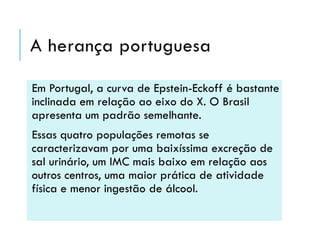 A herança portuguesa
Em Portugal, a curva de Epstein-Eckoff é bastante
inclinada em relação ao eixo do X. O Brasil
apresenta um padrão semelhante.
Essas quatro populações remotas se
caracterizavam por uma baixíssima excreção de
sal urinário, um IMC mais baixo em relação aos
outros centros, uma maior prática de atividade
física e menor ingestão de álcool.

 