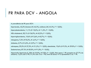 FR PARA DCV - ANGOLA
A prevalência de FR para DCV:
hipertensão, 45,2% (homens (H) 46.3%, mulheres (M) 44.2%, P > 0,05);
hipercolesterolemia, 11,1% (H 10,5%, M 11,5%, P > 0,05);
HDL-cholesterol, 50,1% (H 36,9%, M 62,3%; P < 0,05);
hipertrigliceridemia, 10.6% (H12,6%, M 8,7%, P > 0,05);
tabagismo, 7,2% (H10,2%, M 4,4%; P < 0,05);
diabetes, 5,7% (H 5,5%, M 5,9%, P > 0,05);

sobrepeso, 29,3% (H 27,3%, M 31,2%, P > 0,05); obesidade, 19,6% (H 9.2%, M 29.0%; P < 0.05);
Sedentarismo, 87.2% (H 83.0%, M 91,0%, P < 0.05);
Hipertrofia Ventricular E, 20% (H 32.0%, M 9.0%; P < 0.05). Pelo menos 1 FR presente em 27.7% da
amostra; 15,2% com 2 FR; 31,4% com 3 ou + FR; nível SE baixo: 41% apresentam 3 ou + FR.

 