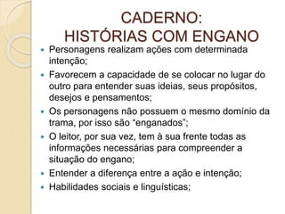 CADERNO:
HISTÓRIAS COM ENGANO
 Personagens realizam ações com determinada
intenção;
 Favorecem a capacidade de se colocar no lugar do
outro para entender suas ideias, seus propósitos,
desejos e pensamentos;
 Os personagens não possuem o mesmo domínio da
trama, por isso são “enganados”;
 O leitor, por sua vez, tem à sua frente todas as
informações necessárias para compreender a
situação do engano;
 Entender a diferença entre a ação e intenção;
 Habilidades sociais e linguísticas;
 