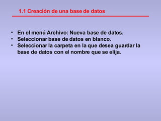 1.1 Creación de una base de datos En el menú Archivo: Nueva base de datos.  Seleccionar base de datos en blanco. Seleccionar la carpeta en la que desea guardar la base de datos con el nombre que se elija . 