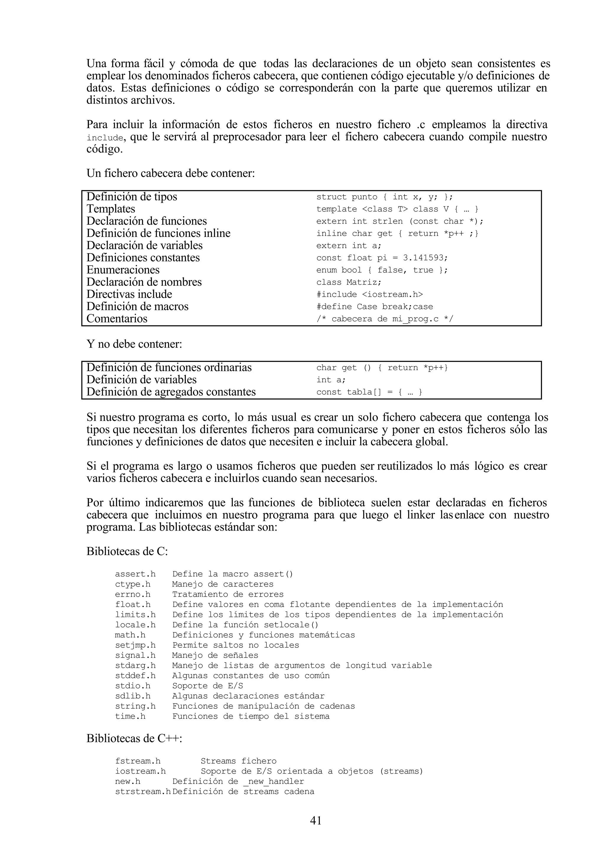 41
Una forma fácil y cómoda de que todas las declaraciones de un objeto sean consistentes es
emplear los denominados ficheros cabecera, que contienen código ejecutable y/o definiciones de
datos. Estas definiciones o código se corresponderán con la parte que queremos utilizar en
distintos archivos.
Para incluir la información de estos ficheros en nuestro fichero .c empleamos la directiva
include, que le servirá al preprocesador para leer el fichero cabecera cuando compile nuestro
código.
Un fichero cabecera debe contener:
Definición de tipos struct punto { int x, y; };
Templates template <class T> class V { … }
Declaración de funciones extern int strlen (const char *);
Definición de funciones inline inline char get { return *p++ ;}
Declaración de variables extern int a;
Definiciones constantes const float pi = 3.141593;
Enumeraciones enum bool { false, true };
Declaración de nombres class Matriz;
Directivas include #include <iostream.h>
Definición de macros #define Case break;case
Comentarios /* cabecera de mi_prog.c */
Y no debe contener:
Definición de funciones ordinarias char get () { return *p++}
Definición de variables int a;
Definición de agregados constantes const tabla[] = { … }
Si nuestro programa es corto, lo más usual es crear un solo fichero cabecera que contenga los
tipos que necesitan los diferentes ficheros para comunicarse y poner en estos ficheros sólo las
funciones y definiciones de datos que necesiten e incluir la cabecera global.
Si el programa es largo o usamos ficheros que pueden ser reutilizados lo más lógico es crear
varios ficheros cabecera e incluirlos cuando sean necesarios.
Por último indicaremos que las funciones de biblioteca suelen estar declaradas en ficheros
cabecera que incluimos en nuestro programa para que luego el linker lasenlace con nuestro
programa. Las bibliotecas estándar son:
Bibliotecas de C:
assert.h Define la macro assert()
ctype.h Manejo de caracteres
errno.h Tratamiento de errores
float.h Define valores en coma flotante dependientes de la implementación
limits.h Define los límites de los tipos dependientes de la implementación
locale.h Define la función setlocale()
math.h Definiciones y funciones matemáticas
setjmp.h Permite saltos no locales
signal.h Manejo de señales
stdarg.h Manejo de listas de argumentos de longitud variable
stddef.h Algunas constantes de uso común
stdio.h Soporte de E/S
sdlib.h Algunas declaraciones estándar
string.h Funciones de manipulación de cadenas
time.h Funciones de tiempo del sistema
Bibliotecas de C++:
fstream.h Streams fichero
iostream.h Soporte de E/S orientada a objetos (streams)
new.h Definición de _new_handler
strstream.hDefinición de streams cadena
 
