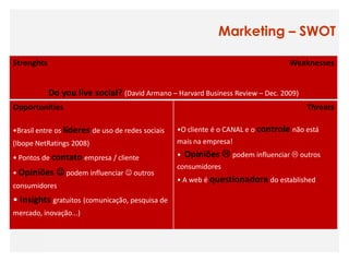 Marketing – SWOT

Strenghts                                                                           Weaknesses


            Do you live social? (David Armano – Harvard Business Review – Dec. 2009)
Opportunities                                                                            Threats

•Brasil entre os líderes de uso de redes sociais   •O cliente é o CANAL e o controle não está
(Ibope NetRatings 2008)                            mais na empresa!
                        O
• Pontos de contato empresa / cliente              •   Opiniões  podem influenciar  outros
                                                   consumidores
• Opiniões     podem influenciar  outros
                                                   • A web é questionadora do established
consumidores
• Insights gratuitos (comunicação, pesquisa de
mercado, inovação...)
 