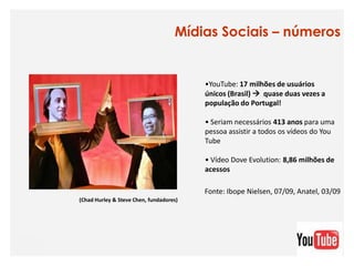 Mídias Sociais – números


                                         •YouTube: 17 milhões de usuários
                                         únicos (Brasil)  quase duas vezes a
                                         população do Portugal!

                                         • Seriam necessários 413 anos para uma
                                         pessoa assistir a todos os vídeos do You
                                         Tube

                                         • Vídeo Dove Evolution: 8,86 milhões de
                                         acessos

                                         Fonte: Ibope Nielsen, 07/09, Anatel, 03/09
(Chad Hurley & Steve Chen, fundadores)
 