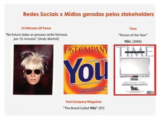 Redes Sociais x Mídias geradas pelos stakeholders

          15 Minutes Of Fame                                               Time
“No futuro todas as pessoas serão famosas                           “Person of the Year”
     por 15 minutos” (Andy Warhol)
                                                                        YOU. (2006)




                                        Fast Company Magazine
                                      “The Brand Called YOU” (97)
 