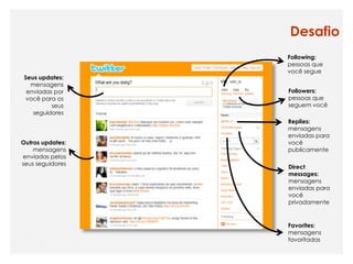 Desafio
                  Following:
                  pessoas que
                  você segue
 Seus updates:
   mensagens
  enviadas por    Followers:
  você para os    pessoas que
          seus    seguem você
    seguidores
                  Replies:
                  mensagens
                  enviadas para
Outros updates:   você
    mensagens     publicamente
enviadas pelos
seus seguidores
                  Direct
                  messages:
                  mensagens
                  enviadas para
                  você
                  privadamente


                  Favorites:
                  mensagens
                  favoritadas
 