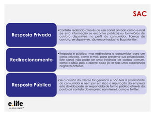 SAC

                    •Contato realizado através de um canal privado como e-mail
                     (se esta informação se encontra pública) ou formulários de
Resposta Privada     contato disponíveis no perfil do consumidor. Formas de
                     contato, se disponíveis, são encontradas no Buzz Monitor.




                    •Resposta é pública, mas redireciona o consumidor para um
                     canal privado, como e-mail, para preservar sua privacidade.
Redirecionamento     Este canal não pode ser uma instância de acesso comum,
                     como o 0800, pois o cliente pode já ter tido uma experiência
                     negativa anterior.




                    •Se a dúvida do cliente for genérica e não ferir a privacidade
                     do consumidor e nem por em risco a reputação da empresa
Resposta Pública     esta dúvida pode ser respondida de forma pública através do
                     ponto de contato da empresa na internet, como o Twitter.




               As mídias sociais como ferramentas de relacionamento com os stakeholders: os blogs
 