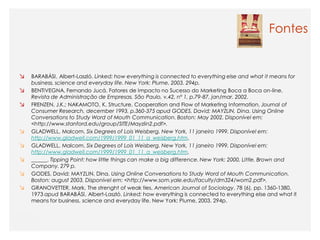 Fontes


↘   BARABÁSI, Albert-Laszló. Linked: how everything is connected to everything else and what it means for
    business, science and everyday life. New York: Plume, 2003. 294p.
↘   BENTIVEGNA, Fernando Jucá. Fatores de Impacto no Sucesso do Marketing Boca a Boca on-line.
    Revista de Administração de Empresas. São Paulo, v.42, nº 1, p.79-87, jan/mar. 2002.
↘   FRENZEN, J.K.; NAKAMOTO, K. Structure, Cooperation and Flow of Marketing Information, Journal of
    Consumer Research, december 1993, p.360-375 apud GODES, David; MAYZLIN, Dina. Using Online
    Conversations to Study Word of Mouth Communication. Boston: May 2002. Disponível em:
    <http://www.stanford.edu/group/SITE/Mayzlin2.pdf>.
↘   GLADWELL, Malcom. Six Degrees of Lois Weisberg. New York, 11 janeiro 1999. Disponível em:
    http://www.gladwell.com/1999/1999_01_11_a_weisberg.htm.
↘   GLADWELL, Malcom. Six Degrees of Lois Weisberg. New York, 11 janeiro 1999. Disponível em:
    http://www.gladwell.com/1999/1999_01_11_a_weisberg.htm.
↘   ______. Tipping Point: how little things can make a big difference. New York: 2000, Little, Brown and
    Company. 279 p.
↘   GODES, David; MAYZLIN, Dina. Using Online Conversations to Study Word of Mouth Communication.
    Boston: august 2003. Disponível em: <http://www.som.yale.edu/faculty/dm324/wom2.pdf>.
↘   GRANOVETTER, Mark. The strenght of weak ties, American Journal of Sociology, 78 (6), pp. 1360-1380,
    1973 apud BARABÁSI, Albert-Laszló. Linked: how everything is connected to everything else and what it
    means for business, science and everyday life. New York: Plume, 2003. 294p.
 