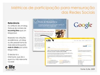 Métricas de participação para mensuração
                             das Redes Sociais

Relevância
é o atributo de um blog.
Trata-se do número de
incoming links que um
blog possui.

Baseado nas citações
acadêmicas, um blog
ou site pessoal torna-se
mais relevante quanto
mais é citado por outros
blogs e sites.

O decisor é o
internauta, que diz o
que é ou não relevante
na rede



                                                                                         Fonte: E.Life, 2009
                           As mídias sociais como ferramentas de relacionamento com os stakeholders: os blogs
 