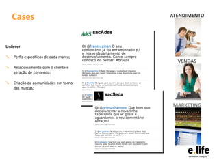 Cases                              ATENDIMENTO




Unilever

↘ Perfis específicos de cada marca;
                                        VENDAS
↘ Relacionamento com o cliente e
    geração de conteúdo;

↘ Criação de comunidades em torno
    das marcas;



                                      MARKETING
 