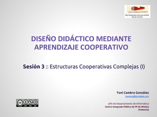Sesión 3 :: Estructuras Cooperativas Complejas (I)
Toni Cambra González
tcambra@fpmislata.com
Jefe de Departamento de Informática
Centro Integrado Público de FP de Mislata
(Valencia)
DISEÑO DIDÁCTICO MEDIANTE
APRENDIZAJE COOPERATIVO
 
