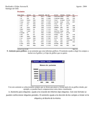 Realizado x Felipe Aravena R. Agosto : 2004
Santiago de Chile
5. Asistente para gráficos: es un asistente que crea informes gráficos. El asistente ayuda a elegir los campos a
incluir en el gráfico y el tipo de gráfico que se quiere.
Con este asistente se seleccionarán campos que se desea que pasen a formar parte de un gráfico donde, por
ejemplo, se pueden hacer comparaciones entre datos visualmente.
6. Asistente para etiquetas: ayuda a la creación de informes tipo etiquetas. Con este formato se
pueden confeccionar etiquetas postales. El asistente ayuda a la elección de los campos a incluir en la
etiqueta y al diseño de la misma.
 