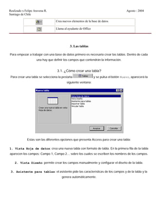 Realizado x Felipe Aravena R. Agosto : 2004
Santiago de Chile
Crea nuevos elementos de la base de datos
Llama al ayudante de Office
3. Las tablas
Para empezar a trabajar con una base de datos primero es necesario crear las tablas. Dentro de cada
una hay que definir los campos que contendrán la información.
3.1. ¿Cómo crear una tabla?
Para crear una tabla se selecciona la pestaña y se pulsa el botón Nuevo, aparecerá la
siguiente ventana:
Estas son las diferentes opciones que presenta Access para crear una tabla:
1. Vista Hoja de datos: crea una nueva tabla con formato de tabla. En la primera fila de la tabla
aparecen los campos: Campo 1, Campo 2… sobre los cuales se escriben los nombres de los campos.
2. Vista Diseño: permite crear los campos manualmente y configurar el diseño de la tabla.
3. Asistente para tablas: el asistente pide las características de los campos y de la tabla y la
genera automáticamente.
 