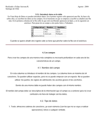 Realizado x Felipe Aravena R. Agosto : 2004
Santiago de Chile
3.5.1. Introducir datos en la tabla
En Vista Hoja de Datos se pueden introducir datos. En el primer registro sólo aparecerá una fila. Se hace clic
sobre ella y se escriben los datos en los campos. En el momento en que se empiece a escribir se añadirá una fila
más. En la primera columna de la fila sobre la que esté escribiendo aparecera un lápiz, y en la siguiente un
asterisco. Para pasar de un campo a otro pulse Intro o Tabulador.
Cuando se quiere añadir otro registro sólo se tiene que pinchar sobre la fila con el asterisco.
4. Los campos
Para crear los campos de una manera más completa es necesario profundizar en cada una de las
características de un campo.
4.1. Nombre del campo
En esta columna se introduce el nombre de los campos. La columna tiene un máximo de 64
caracteres. Se pueden utilizar espacios, pero no se puede empezar con un espacio. No se pueden
utilizar: los puntos, los signos de admiración, los acentos graves ni los corchetes.
Dentro de una misma tabla no puede haber dos campos con el mismo nombre.
El nombre del campo debe ser descriptivo de la información que el campo va a contener para no crear
confusión a la hora de trabajar con los datos.
4.2. Tipo de datos
1. Texto: almacena cadenas de caracteres, ya sean números (con los que no se vaya a realizar
operaciones), letras o cualquier símbolo.
 