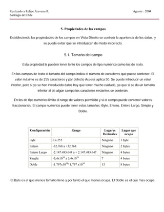 Realizado x Felipe Aravena R. Agosto : 2004
Santiago de Chile
5. Propiedades de los campos
Estableciendo las propiedades de los campos en Vista Diseño se controla la apariencia de los datos, y
se puede evitar que se introduzcan de modo incorrecto.
5.1. Tamaño del campo
Esta propiedad la pueden tener tanto los campos de tipo numérico como los de texto.
En los campos de texto el tamaño del campo indica el número de caracteres que puede contener. El
valor máximo es de 255 caracteres y por defecto Access aplica 50. Se puede introducir un valor
inferior, pero si ya se han introducido datos hay que tener mucho cuidado, ya que si se da un tamaño
inferior al de algún campo los caracteres restantes se perderán.
En los de tipo numérico limita el rango de valores permitido y si el campo puede contener valores
fraccionarios. El campo numérico puede tener estos tamaños: Byte, Entero, Entero Largo, Simple y
Doble.
Configuración Rango Lugares
Decimales
Lugar que
ocupa
Byte 0 a 255 Ninguno 1 byte
Entero -32.768 a +32.768 Ninguno 2 bytes
Entero Largo -2.147.483.648 a + 2.147.483.647 Ninguno 4 bytes
Simple -3,4x1038
a 3,4x1038
7 4 bytes
Doble -1.797x1038
ª 1,797 x1038
15 8 bytes
El Byte es el que menos tamaño tiene y por tanto el que menos ocupa. El Doble es el que mas ocupa.
 
