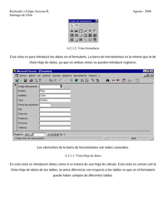Realizado x Felipe Aravena R. Agosto : 2004
Santiago de Chile
6.2.1.2. Vista formulario
Esta vista es para introducir los datos en el formulario. La barra de herramientas es la misma que la de
Vista Hoja de datos, ya que en ambas vistas se pueden introducir registros:
Los elementos de la barra de herramientas son todos conocidos.
6.2.1.3. Vista Hoja de datos
En esta vista se introducen datos como si se tratara de una hoja de cálculo. Esta vista es común con la
Vista Hoja de datos de las tablas, la única diferencia con respecto a las tablas es que en el formulario
puede haber campos de diferentes tablas.
 