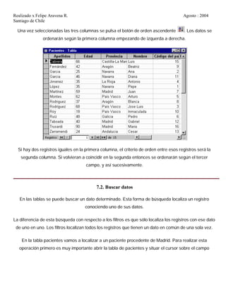 Realizado x Felipe Aravena R. Agosto : 2004
Santiago de Chile
Una vez seleccionadas las tres columnas se pulsa el botón de orden ascendente . Los datos se
ordenarán según la primera columna empezando de izquerda a derecha.
Si hay dos registros iguales en la primera columna, el criterio de orden entre esos registros será la
segunda columna. Si volvieran a coincidir en la segunda entonces se ordenarán según el tercer
campo, y así sucesivamente.
7.2. Buscar datos
En las tablas se puede buscar un dato determinado. Esta forma de búsqueda localiza un registro
conociendo uno de sus datos.
La diferencia de esta búsqueda con respecto a los filtros es que sólo localiza los registros con ese dato
de uno en uno. Los filtros localizan todos los registros que tienen un dato en común de una sola vez.
En la tabla pacientes vamos a localizar a un paciente procedente de Madrid. Para realizar esta
operación primero es muy importante abrir la tabla de pacientes y situar el cursor sobre el campo
 
