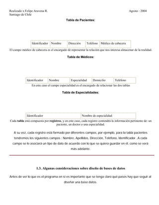 Realizado x Felipe Aravena R. Agosto : 2004
Santiago de Chile
Tabla de Pacientes:
Identificador Nombre Dirección Teléfono Médico de cabecera
El campo médico de cabecera es el encargado de representar la relación que nos interesa almacenar de la realidad.
Tabla de Médicos:
Identificador Nombre Especialidad Domicilio Teléfono
En este caso el campo especialidad es el encargado de relacionar las dos tablas
Tabla de Especialidades:
Identificador Nombre de especialidad
Cada tabla está compuesta por registros, y en este caso, cada registro contendrá la información pertinente de: un
paciente, un doctor o una especialidad.
A su vez, cada registro está formado por diferentes campos, por ejemplo, para la tabla pacientes
tendremos los siguientes campos : Nombre, Apellidos, Dirección, Teléfono, Identificador. A cada
campo se le asociará un tipo de dato de acuerdo con lo que se quiera guardar en él, como se verá
más adelante.
1.3. Algunas consideraciones sobre diseño de bases de datos
Antes de ver lo que es el programa en sí es importante que se tenga claro qué pasos hay que seguir al
diseñar una base datos.
 