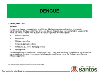 DENGUE
• Definição de caso
Suspeito
Pessoa que viva ou tenha viajado nos últimos 14 dias para área onde esteja ocorrendo
transmissão de dengue ou tenha a presença de Ae. Aegypti, que apresenta febre, usualmente
entre 2 e 7 dias, e apresente duas ou mais das seguintes manifestações:
• Náusea, vômitos
• Exantema
• Mialgias, artralgia
• Cefaléia, dor retroorbital
• Petéquias ou prova do laço positiva
• Leucopenia
Também pode ser considerado caso suspeito toda criança proveniente ou residente em área com
transmissão de dengue, com quadro febril agudo, usualmente entre 2 a 7 dias, e sem foco de
infecção aparente.
Fonte: http://portalsaude.saude.gov.br/index.php/informacoes-tecnicas-dengue
 