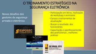 O TREINAMENTO ESTRATÈGICO NA
SEGURANÇA ELETRÔNICA
◦ Participação em feiras, realização
de workshop e seminário
◦ Cursos e treinamentos de
atualização
◦ Buscar o resultado dos
funcionários
◦ Capacitação e aperfeiçoamento
dos profissionais , melhores
práticas
Novos desafios dos
gestores da segurança
privada e eletrônica
 