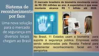 Sistema de
reconhecimento
por face
Uma nova solução
para o mercado
de segurança em
diversos locais
chegam ao Brasil
No Brasil, 11 Estados usam a biometria para
suporte à segurança pública. Empresas estão
sendo selecionadas pela Receita Federal para
implementar reconhecimento facial em 14
aeroportos
O mercado brasileiro de biometria movimenta cerca
de R$ 250 milhões ao ano. A expectativa é que esse
montante alcance R$ 1 bilhão até 2020.
 