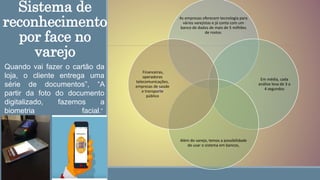 Sistema de
reconhecimento
por face no
varejo
As empresas oferecem tecnologia para
vários varejistas e já conta com um
banco de dados de mais de 5 milhões
de rostos.
Em média, cada
análise leva de 3 a
4 segundos
Além do varejo, temos a possibilidade
de usar o sistema em bancos,
Financeiras,
operadoras
telecomunicações,
empresas de saúde
e transporte
público
Quando vai fazer o cartão da
loja, o cliente entrega uma
série de documentos”, “A
partir da foto do documento
digitalizado, fazemos a
biometria facial.”
 