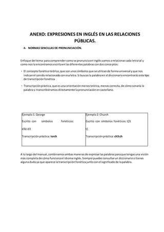 ANEXO: EXPRESIONES EN INGLÉS EN LAS RELACIONES
PÚBLICAS.
A- NORMAS SENCILLAS DE PRONUNCIACIÓN.
Enfoque del tema:paracomprendercomose pronunciaeninglésvamosarelacionarcada letratal y
como nosla encontramosescritaenlasdiferentespalabrascondosconceptos:
- El conceptofonéticoteórico,que sonunossímbolosque se utilizande formauniversal yque nos
indicanel sonidorelacionadoconesaletra.Si buscasla palabraen el diccionarioencontraráseste tipo
de transcripciónfonética
- Transcripciónpráctica,que esuna orientaciónmenosteórica,menoscorrecta,de cómosonaría la
palabrasi transcribiéramosdirectamente lapronunciaciónencastellano.
Ejemplo1: George Ejemplo2: Church
Escrito con símbolos fonéticos: Escrito con símbolos fonéticos: t∫3:
d3o:d3 t∫.
Transcripciónpráctica: iorch Transcripciónpráctica: ch3:ch
A lolargo del manual,combinamosambasmanerasde expresarlaspalabrasparaque tengasuna visión
más completade cómofuncionael idiomainglés.Siempre puedesconsultarun diccionariosi tienes
algunaduda ya que aparece latranscripciónfonéticajuntoconel significadode lapalabra.
 
