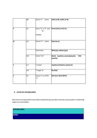 /θ/ Suena“z” como with (uí θ). Earth (3: θ)
V /v/ Entre “b” y “f”. Una
“b”
silbada.
Very (veri),eve (i:v).
W /u/ Suena“u” como Saw (so:u).
Silenciosa Who(ju),whose (jus).
/w/ Suena“uo” Work (uo3:k) o correctamente
(wo3:k).
más
Y /i:/ “i corta” mystery (místəri),easy(í:si).
/ai/ “i largo”ai fly (flai)
Z /z/ Suena“z” y
“s”
entre Zoo (zu:),buzz (bΛz).
B- LISTAS DE VOCABULARIO:
Aquí tienesunapequeñamuestradel vocabularioque puedesnecesitaryque puedesirampliando
segúntusnecesidades:
VOCABULARIO:
HOME:
 
