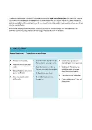 La administraciónponeadisposiciónde losconsumidores hojas de reclamaciónen lasque hacer constar
lasincidenciasque se hayanpodidoproducircuandoofrecemosunservicioal público.Comoempresao
autónomosdebemosteneradisposiciónde nuestrosclientesestashojasyhacerlessaberel usoque de las
mismaspuedenhacer.
Atendiendoal comportamientode laspersonasalahora de interesarse pornuestrosserviciosode
contratar losmismos,se puede establecerlasiguienteclasificaciónde clientes:
EL CLIENTE POLÉMICO
Rasgos Situaciones Tratamiento característicos
 Provocala discusión.
 Pretende llevarsiempre la
razón.
 Desconfíade las soluciones
que se le ofrecen.
 Necesitaunaatención
preferente.
 Cuandono losatendemosde
formaatenta o comprensiva.
 Cuandohacemosperdersu
tiempoconesperasoretrasos.
 Si discutimosconellos.
 Si percibenque estamos
inseguros.
 Escuchar sus quejascon
atenciónysininterrupciones.
 No discutir.Adoptaruna
actitudamable,serenay
tratar de tranquilizarlos.
 Tratar de aclarar sus dudas.
 Prestarlesatenciónyque así
loperciban.
 