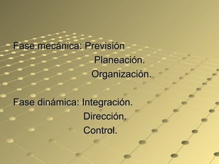 Fase mecánica: PrevisiónFase mecánica: Previsión
Planeación.Planeación.
Organización.Organización.
Fase dinámica: Integración.Fase dinámica: Integración.
Dirección.Dirección.
Control.Control.
 