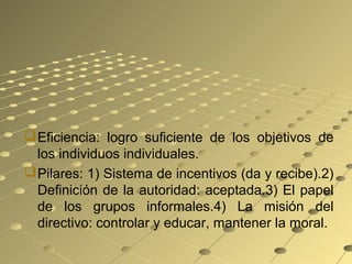 Eficiencia: logro suficiente de los objetivos de
los individuos individuales.
Pilares: 1) Sistema de incentivos (da y recibe).2)
Definición de la autoridad: aceptada.3) El papel
de los grupos informales.4) La misión del
directivo: controlar y educar, mantener la moral.
 