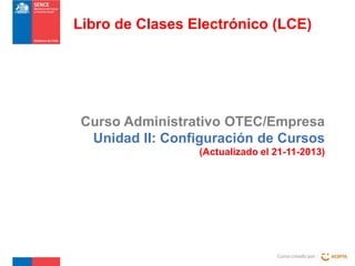 Libro de Clases Electrónico (LCE)

Curso Administrativo OTEC/Empresa
Unidad II: Configuración de Cursos
(Actualizado el 21-11-2013)

Curso creado por :

 