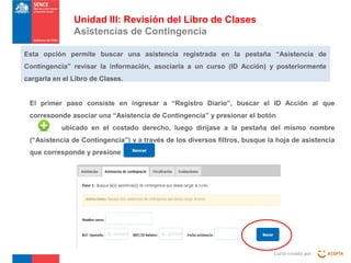 Unidad III: Revisión del Libro de Clases
Asistencias de Contingencia
Esta opción permite buscar una asistencia registrada en la pestaña “Asistencia de
Contingencia” revisar la información, asociarla a un curso (ID Acción) y posteriormente
cargarla en el Libro de Clases.
El primer paso consiste en ingresar a “Registro Diario”, buscar el ID Acción al que
corresponde asociar una “Asistencia de Contingencia” y presionar el botón
ubicado en el costado derecho, luego diríjase a la pestaña del mismo nombre
(“Asistencia de Contingencia”) y a través de los diversos filtros, busque la hoja de asistencia
que corresponde y presione

Curso creado por :

 