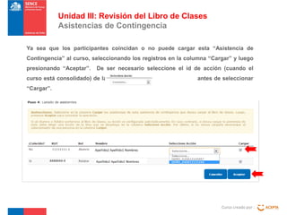 Unidad III: Revisión del Libro de Clases
Asistencias de Contingencia
Ya sea que los participantes coincidan o no puede cargar esta “Asistencia de
Contingencia” al curso, seleccionando los registros en la columna “Cargar” y luego
presionando “Aceptar”.

De ser necesario seleccione el id de acción (cuando el

curso está consolidado) de la lista

antes de seleccionar

“Cargar”.

Curso creado por :

 
