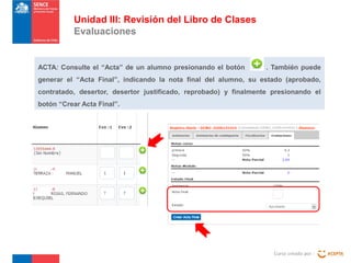 Unidad III: Revisión del Libro de Clases
Evaluaciones

ACTA: Consulte el “Acta” de un alumno presionando el botón

. También puede

generar el “Acta Final”, indicando la nota final del alumno, su estado (aprobado,
contratado, desertor, desertor justificado, reprobado) y finalmente presionando el
botón “Crear Acta Final”.

Curso creado por :

 