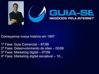 Começamos nossa história em 1997
1ª Fase: Guia Comercial – 97/99
2ª Fase: Desenvolvimento de sites – 00/06
3ª Fase: Marketing digital – 07/09
4º Fase: Marketing digital escalável – 10...
 