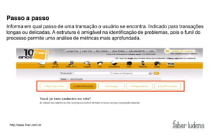 Passo a passo
Informa em qual passo de uma transação o usuário se encontra. Indicado para transações
longas ou delicadas. A estrutura é amigável na identificação de problemas, pois o funil do
processo permite uma análise de métricas mais aprofundada.




 http://www.fnac.com.br
 