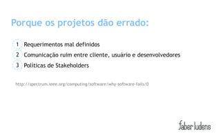 Porque os projetos dão errado:

 1 Requerimentos mal definidos
 2 Comunicação ruim entre cliente, usuário e desenvolvedores
 3 Políticas de Stakeholders


http://spectrum.ieee.org/computing/software/why-software-fails/0
 