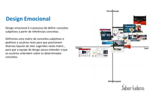 Design Emocional
Design emocional é o processo de definir conceitos
subjetivos a partir de referências concretas.

Definimos uma matriz de conceitos subjetivos e
pedimos a usuários reais para que posicionem
diversos layouts de sites sugeridos nesta matriz ,
para que a equipe de design possa entender o que
os usuários entendem sobre os determinados
conceitos.
 