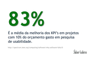 83%
É a média da melhoria dos KPI’s em projetos
com 10% do orçamento gasto em pesquisa
de usabilidade.
http://spectrum.ieee.org/computing/software/why-software-fails/0
 