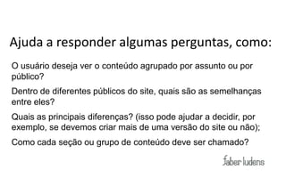 Ajuda a responder algumas perguntas, como:
O usuário deseja ver o conteúdo agrupado por assunto ou por
público?
Dentro de diferentes públicos do site, quais são as semelhanças
entre eles?
Quais as principais diferenças? (isso pode ajudar a decidir, por
exemplo, se devemos criar mais de uma versão do site ou não);
Como cada seção ou grupo de conteúdo deve ser chamado?
 