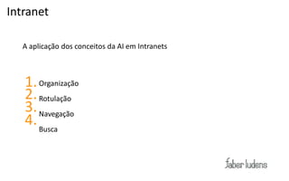 Intranet

   A aplicação dos conceitos da AI em Intranets



   1. Organização
   2. Rotulação
   3. Navegação
   4. Busca
 