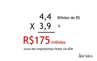 4,4               Bilhões de R$

    X 3,9                %



R$175 milhões
lucro dos empréstimos feitos via ATM
 