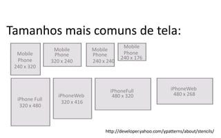 Tamanhos mais comuns de tela:
                                              Mobile
                 Mobile          Mobile
  Mobile         Phone           Phone        Phone
  Phone                                      240 x 176
                320 x 240        240 x 240
 240 x 320



                                        iPhoneFull                   iPhoneWeb
                   iPhoneWeb             480 x 320                     480 x 268
  iPhone Full
                     320 x 416
   320 x 480



                                      http://developer.yahoo.com/ypatterns/about/stencils/
 