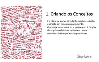 1. Criando os Conceitos
É a etapa de pura estimulação cerebral, criação
e piração em cima do planejamento.
O planejamento encontrou problemas. A função
do arquiteto de informação é encontrar
soluções criativas para esses problemas.
 